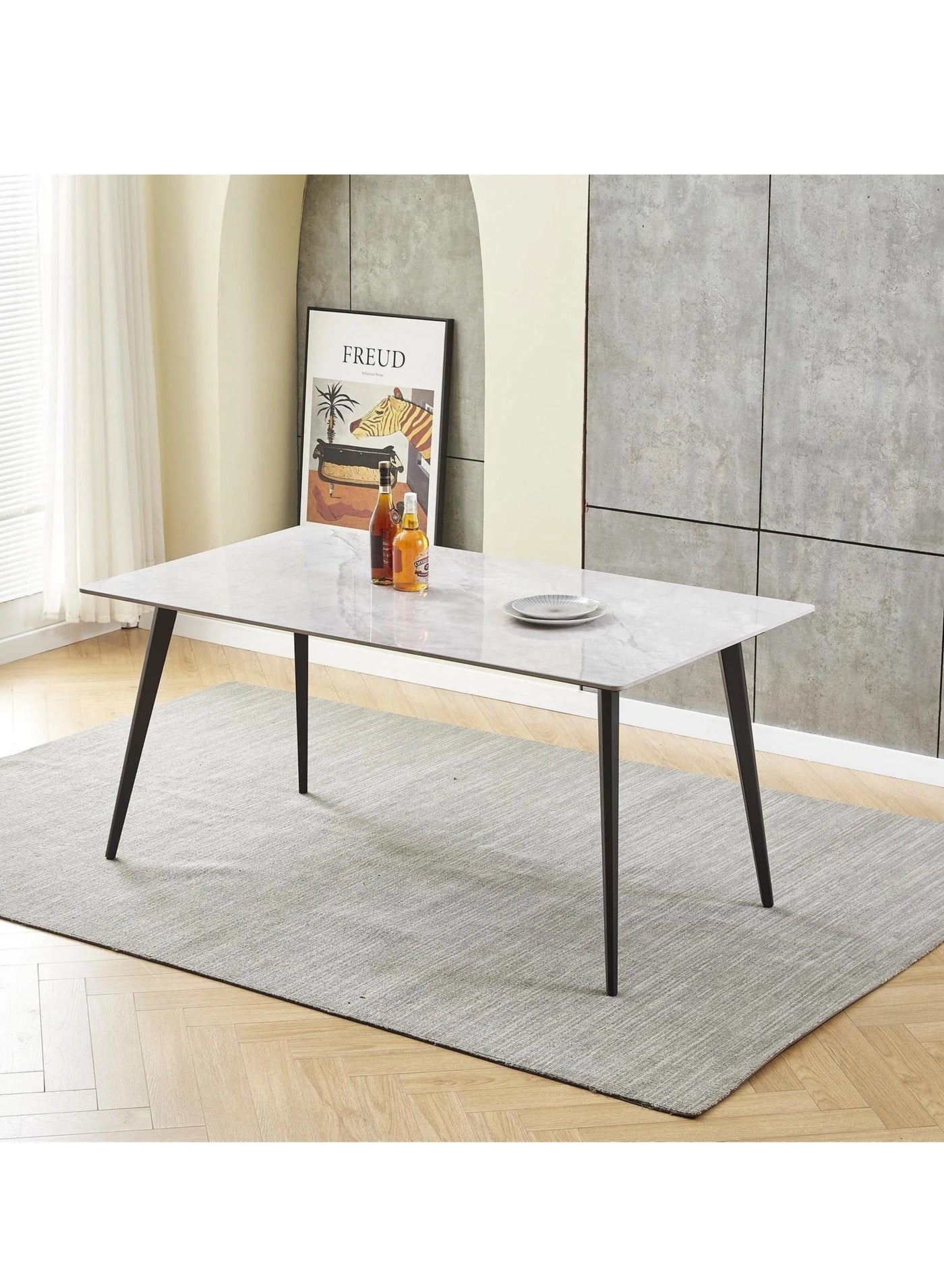 Modern Rectangular Kitchen Dining Table: Sintered Stone Marble Effect Top With Sleek Tapered Metal Legs - Ideal Breakfast Table For Dining