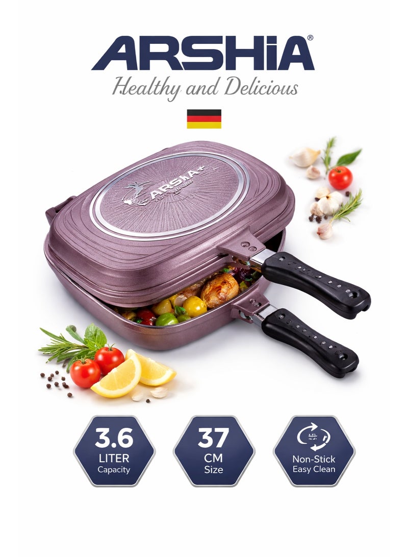 Arshia 36cm 37L Granite Double Grill Pan - Easy to Clean - Burgundy - Image 1