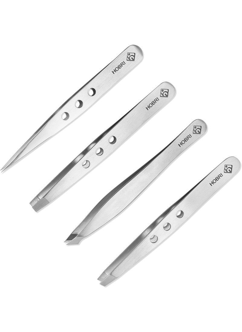 Generic Tweezers Set Eyebrows Kit Professional Stainless Steel Set  4 Pieces with Leatherette Travel Case Perfect for Facial Hair Beauty and Personal Care Tool Hobri International silver HTZK001 