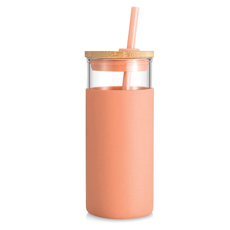 Tronco 20 oz Glass Tumbler With Lids and Straws Glass Water Bottle Silicone Protective Sleeve Iced Coffee Cup With Bamboo Lid Reusable Smoothie Cup BPA Free Orange 1 Count