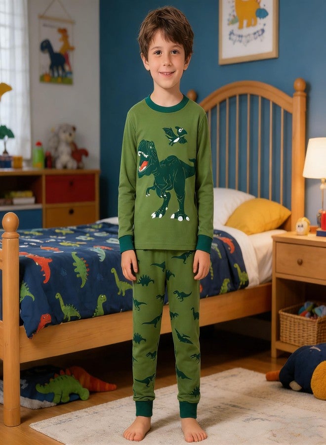 Popshion Little Boys Space Pajamas Sets for Toddler 100% Cotton Dinosaur Train Rocket Glow in Dark Sleepwear Long Sleeve 2 Piece kids Clothes Pjs 3-7T green dinosaur-6259-5T - Image 2