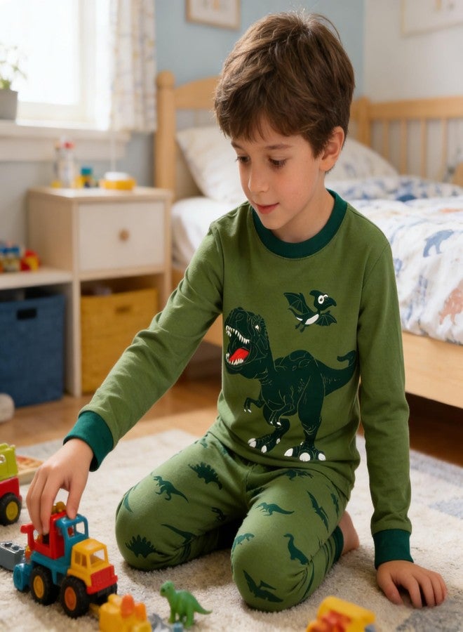 Popshion Little Boys Space Pajamas Sets for Toddler 100% Cotton Dinosaur Train Rocket Glow in Dark Sleepwear Long Sleeve 2 Piece kids Clothes Pjs 3-7T green dinosaur-6259-5T - Image 3