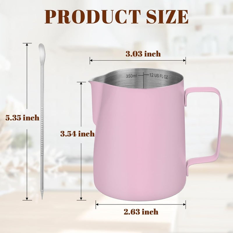 Amrules Milk Frothing Pitcher, 12 oz Milk Frother Cup with Clear Scale, 304 Stainless Steel Cappuccino Espresso Machine Accessories for Barista Coffee Bar with Latte Art Pen, Pink - Image 2