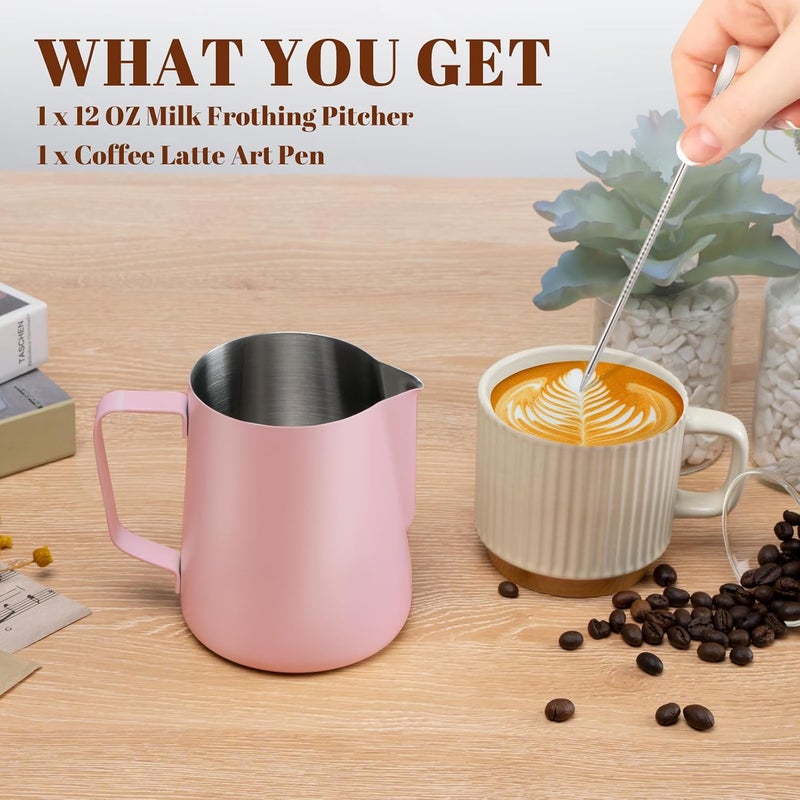 Amrules Milk Frothing Pitcher, 12 oz Milk Frother Cup with Clear Scale, 304 Stainless Steel Cappuccino Espresso Machine Accessories for Barista Coffee Bar with Latte Art Pen, Pink - Image 3