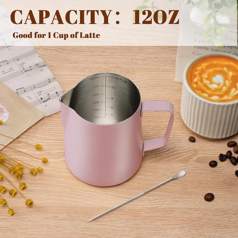 Amrules Milk Frothing Pitcher, 12 oz Milk Frother Cup with Clear Scale, 304 Stainless Steel Cappuccino Espresso Machine Accessories for Barista Coffee Bar with Latte Art Pen, Pink - Image 4