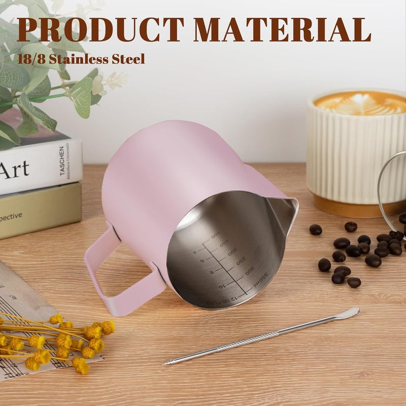 Amrules Milk Frothing Pitcher, 12 oz Milk Frother Cup with Clear Scale, 304 Stainless Steel Cappuccino Espresso Machine Accessories for Barista Coffee Bar with Latte Art Pen, Pink - Image 5