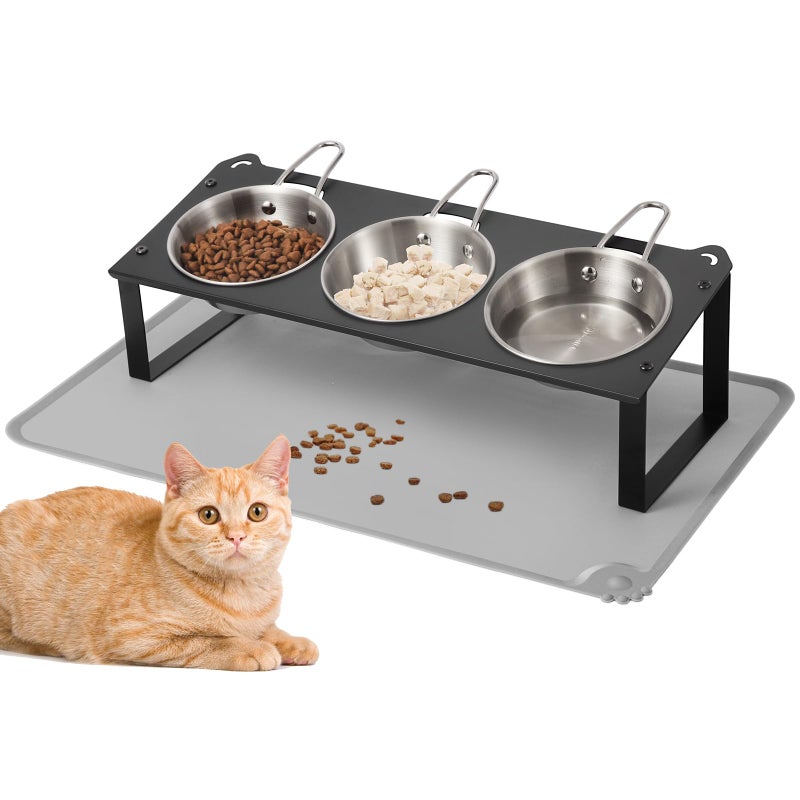 HOVNKUT Elevated Cat Bowls with Food Mat, 10Â°Tilted Non-Slip Raised Cat Food Water Bowls Set, 3 Thick Stainless Steel Pets Dishes with Handles to Indoor Kitten Puppy, Anti-Vomiting Cute Metal Feeding Stand - Image 1
