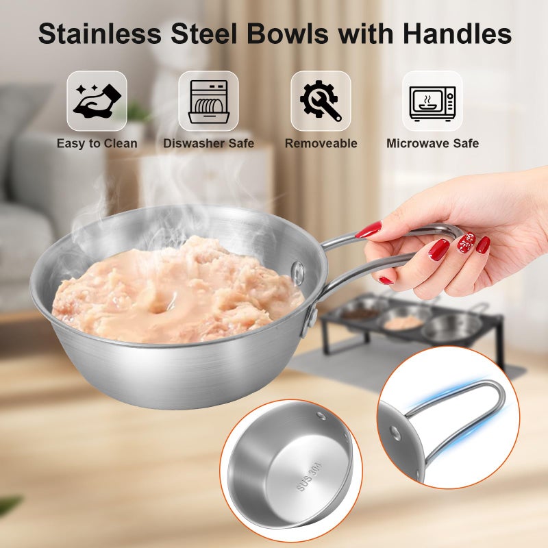 HOVNKUT Elevated Cat Bowls with Food Mat, 10Â°Tilted Non-Slip Raised Cat Food Water Bowls Set, 3 Thick Stainless Steel Pets Dishes with Handles to Indoor Kitten Puppy, Anti-Vomiting Cute Metal Feeding Stand - Image 4