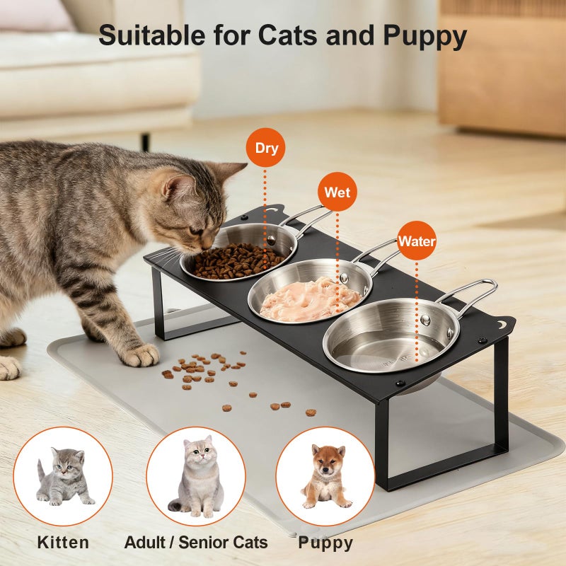 HOVNKUT Elevated Cat Bowls with Food Mat, 10Â°Tilted Non-Slip Raised Cat Food Water Bowls Set, 3 Thick Stainless Steel Pets Dishes with Handles to Indoor Kitten Puppy, Anti-Vomiting Cute Metal Feeding Stand - Image 3