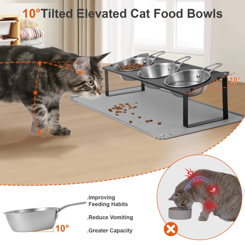 HOVNKUT Elevated Cat Bowls with Food Mat, 10Â°Tilted Non-Slip Raised Cat Food Water Bowls Set, 3 Thick Stainless Steel Pets Dishes with Handles to Indoor Kitten Puppy, Anti-Vomiting Cute Metal Feeding Stand - Image 2