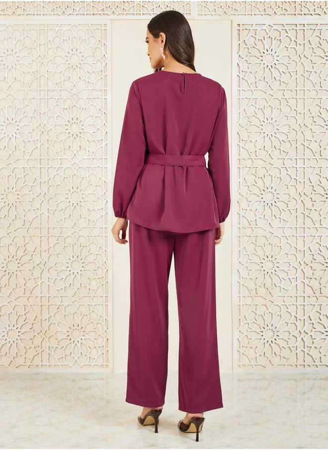 ستايلي Buckle Belted Longline Top and Pant Set