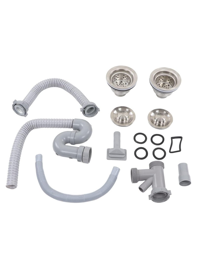 NANAO Double Kitchen Sink Drain Kit with Strainer, Overflow Pipe and Flexible Hose, Grey - Image 3
