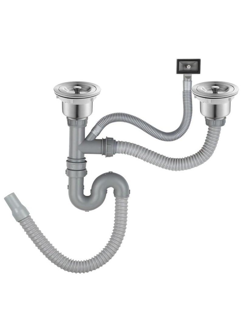 NANAO Double Kitchen Sink Drain Kit with Strainer, Overflow Pipe and Flexible Hose, Grey - Image 1