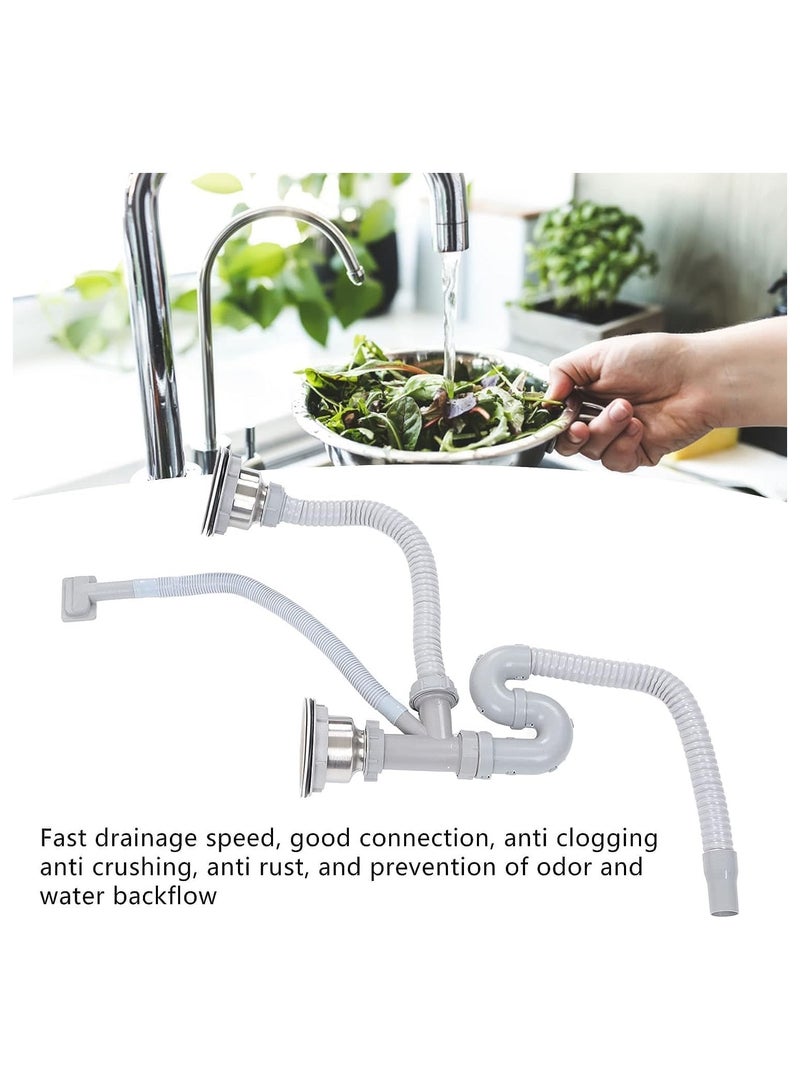 NANAO Double Kitchen Sink Drain Kit with Strainer, Overflow Pipe and Flexible Hose, Grey - Image 5