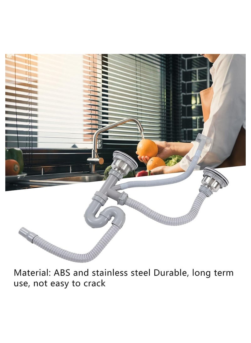 NANAO Double Kitchen Sink Drain Kit with Strainer, Overflow Pipe and Flexible Hose, Grey - Image 4