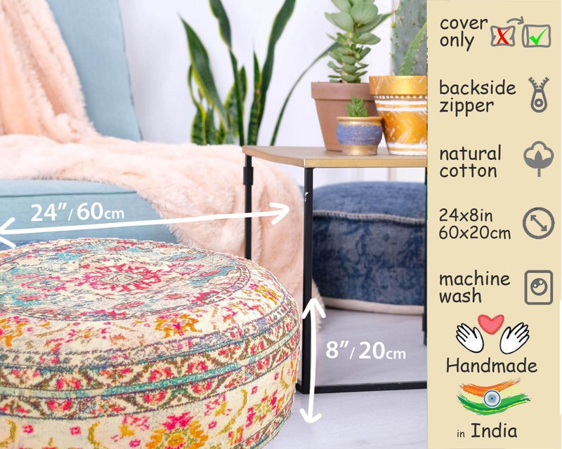 Mandala Life ART Mandala Life ART Large Floor Pillow Cover Yellow Round Pouf Ottoman Indian Floor Cushion Boho Chic Perfect Vintage Cushion for Living Room  Bedroom  Nursary or Children Room Cotton 24x8 Unstuffed  - Image 2