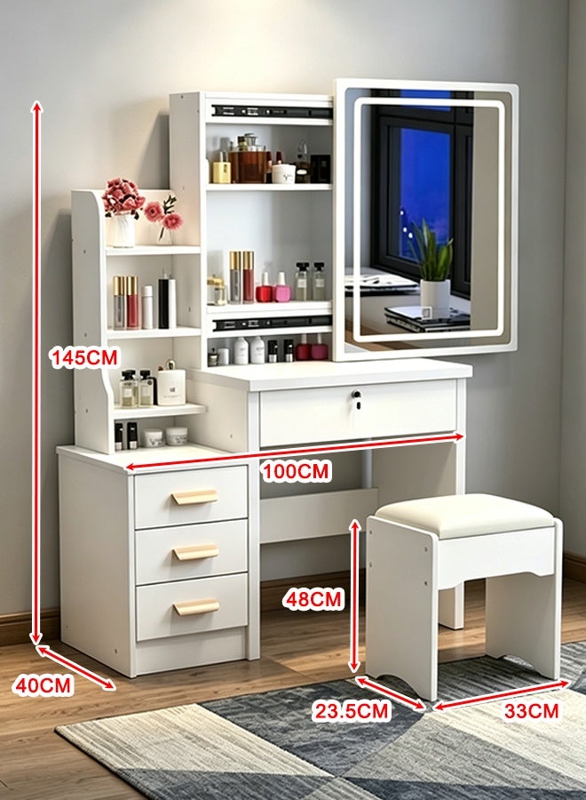 Bedroom Dressing Table Set - with Mirror and Soft Stool, Vanity Table with Drawers and Partitions, Large Storage Space Home Makeup Table (White -100*40*145CM) - Image 3