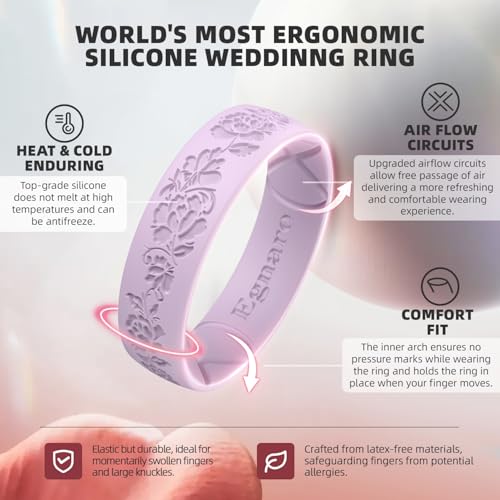 Egnaro Silicone Rings for Her Etched Classic Rubber Wedding Bands Women Breathable and Flexible Design 6mm Wide 2mm Thick - Image 3