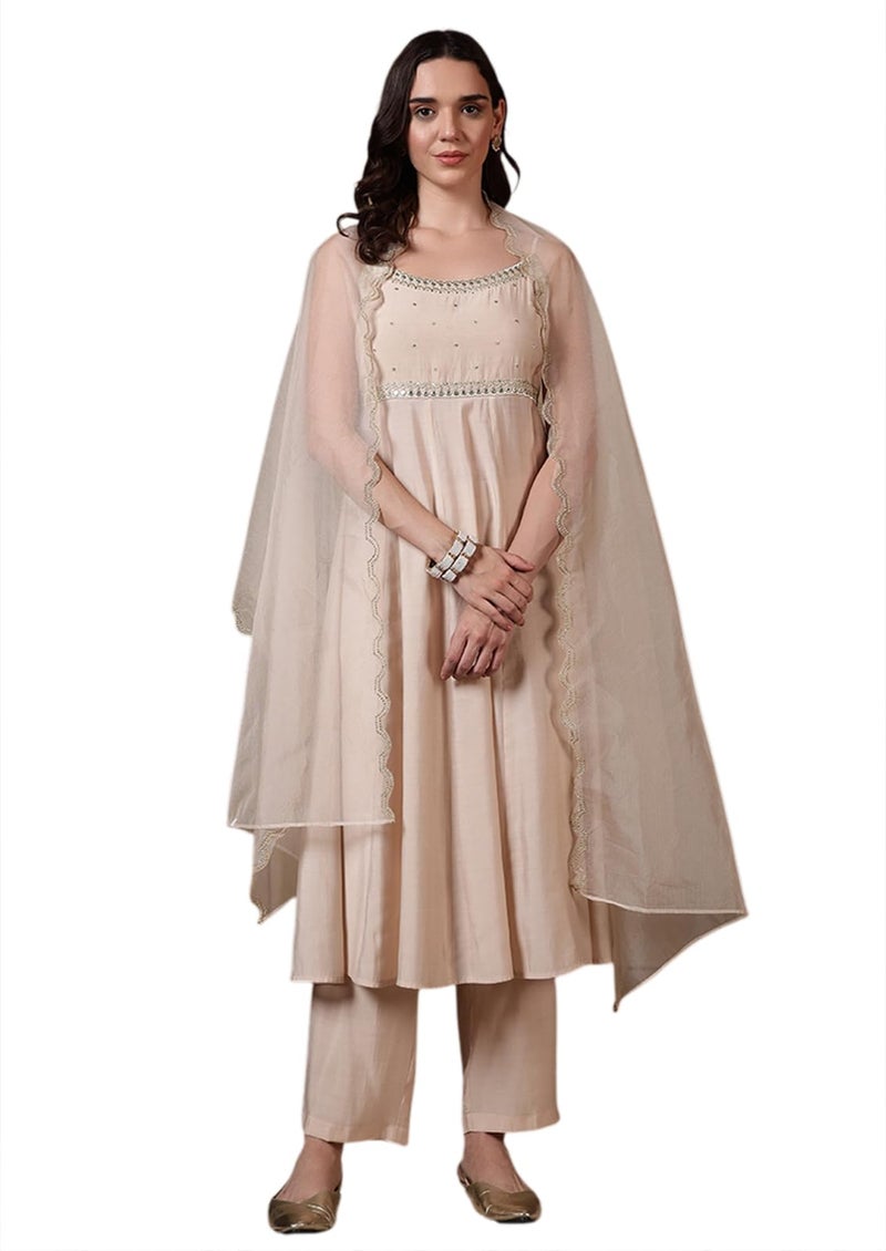 FIORRA Women Off-White Viscose Chanderi Embroidered A-Line Kurta Set with Dupatta SET0235 - Image 1