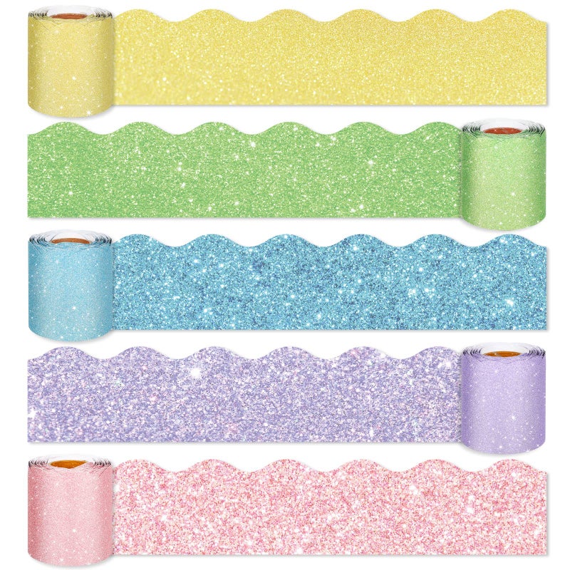 Whaline 164ft Pastel Bulletin Board Borders Glitter Colorful Classroom Borders Scalloped Border Trim Candy Colors DieCut Bulletin Board Decorations for Back to School Home Office Chalkboard 5 Rolls