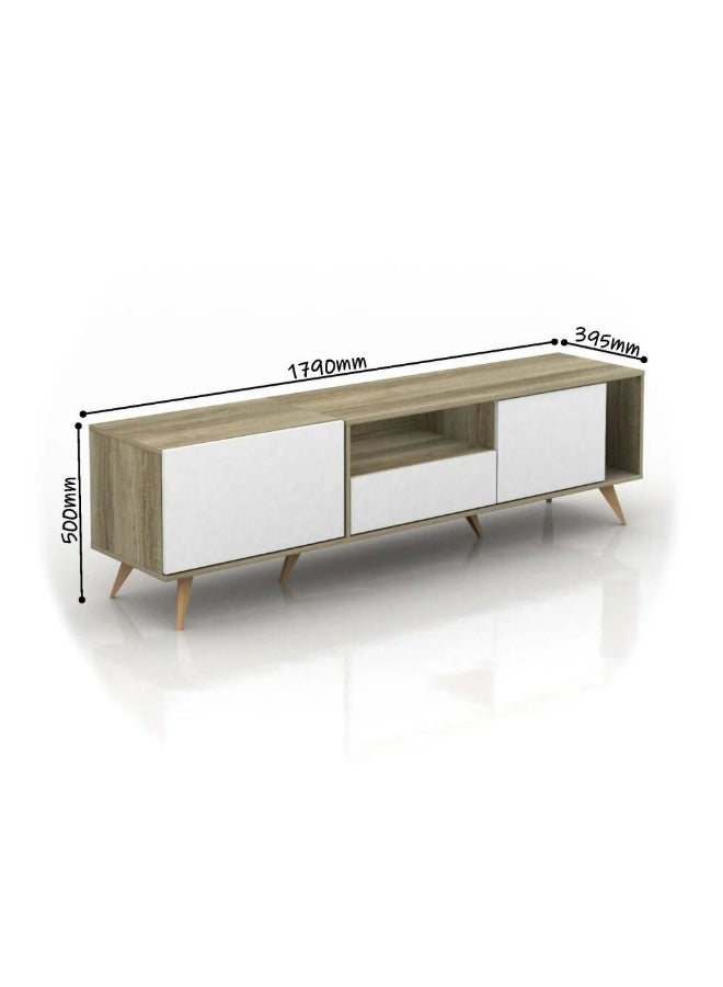 Baity Rectangular TV table with a fixed base, 179 cm, wooden shelves and drawers, made in Malaysia - Image 3