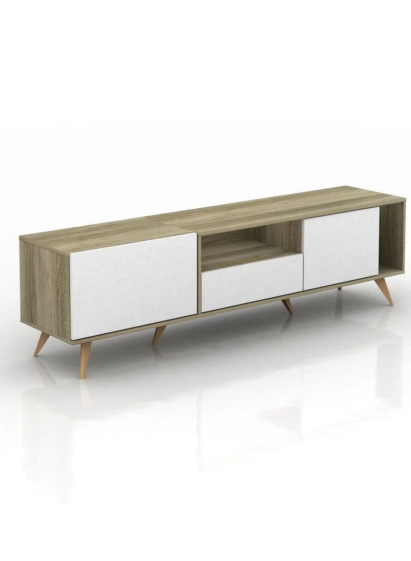 Baity Rectangular TV table with a fixed base, 179 cm, wooden shelves and drawers, made in Malaysia - Image 4