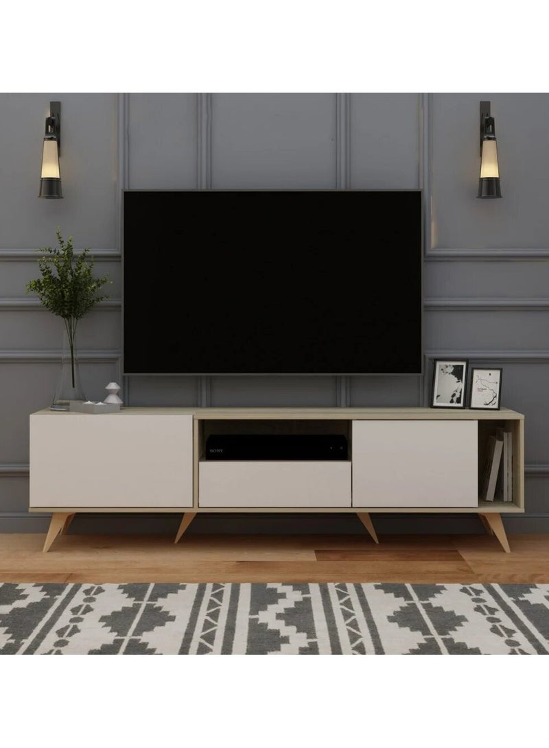 Baity Rectangular TV table with a fixed base, 179 cm, wooden shelves and drawers, made in Malaysia - Image 1