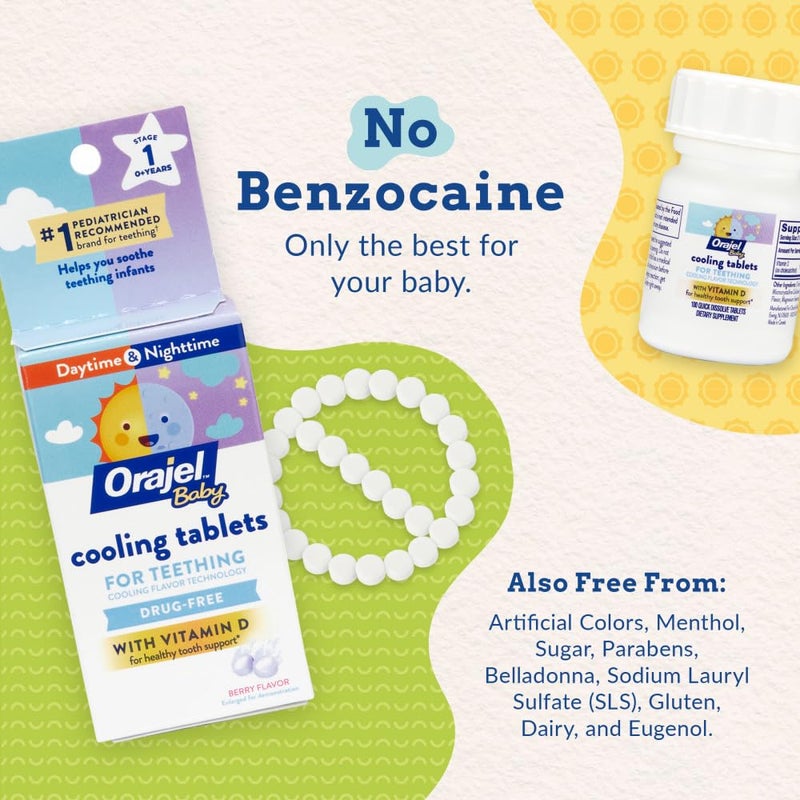 Orajel أقراص أورا جيل للأطفال لتخفيف آلام التسنين مع فيتامين د، 100 قرص سريع الذوبان، أبيض - Image 3