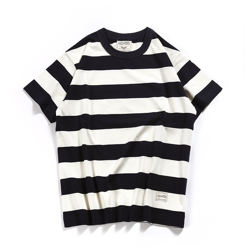 Generic OKONKWO new American retro Kaji T-shirt heavy prisoner motorcycle mens short sleeve thick large striped T-shirt 9132 black and white stripes 