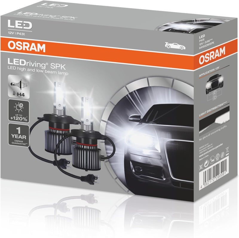 أوسرام OSRAM LEDriving ≜ H4، مصابيح أمامية للسيارات بلون أبيض بارد 6000K، متوافقة مع سيارات الركاب 12V، سطوع أكثر بنسبة 120%، 2000 لومن، 54 واط، 64193DWSPK، صندوق مزدوج (مصباحان) - Image 2