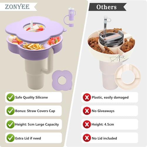 Zonyee Snack Bowl with Lid for Stanley 30 oz Tumbler with Handle, Silicone Snack Tray Snack Ring for Stanley Cup Accessories, Suitable for Car Cup Holder or Outdoor, Orchid - Image 2