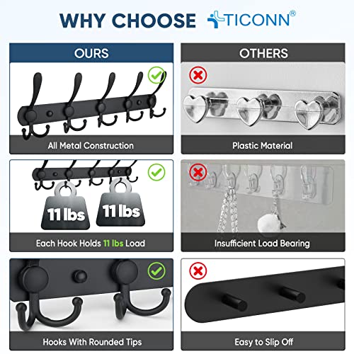 TICONN Wall Mounted Coat Rack, Five Heavy Duty Tri Hooks All Metal Construction for Jacket Coat Hat in Mudroom Entryway (Matte Black, 2-Pack) - Image 3