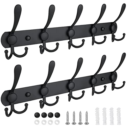TICONN Wall Mounted Coat Rack, Five Heavy Duty Tri Hooks All Metal Construction for Jacket Coat Hat in Mudroom Entryway (Matte Black, 2-Pack) - Image 1