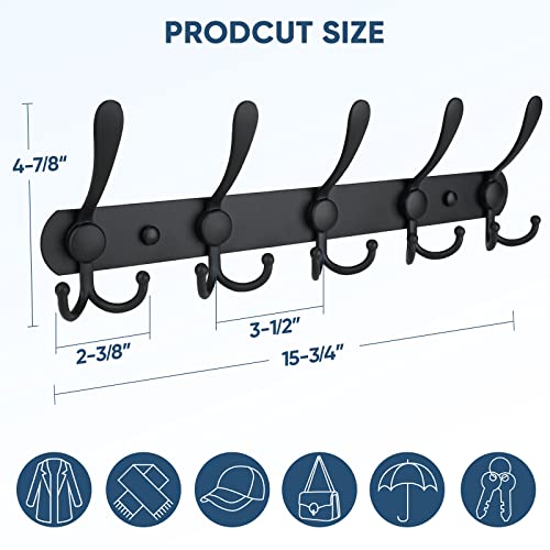 TICONN Wall Mounted Coat Rack, Five Heavy Duty Tri Hooks All Metal Construction for Jacket Coat Hat in Mudroom Entryway (Matte Black, 2-Pack) - Image 2