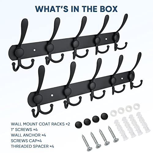 TICONN Wall Mounted Coat Rack, Five Heavy Duty Tri Hooks All Metal Construction for Jacket Coat Hat in Mudroom Entryway (Matte Black, 2-Pack) - Image 5