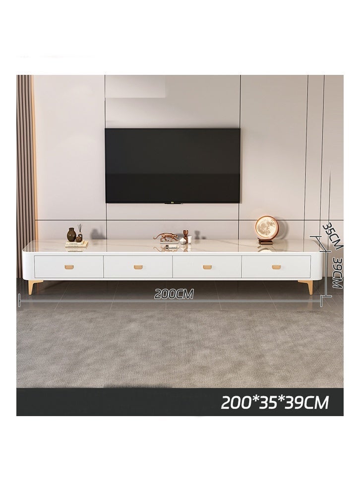 كيكي غرفة معيشة حديثة جديدة باللون الأبيض، خزانة تلفزيون فاخرة، سطح خزانة رمادي، مادة الخزانة: رخامي، أرجل ذهبية، إطار أبيض مع 4 أدراج، مزيج من الضوء الفاخر والبسيط، 200 سم - Image 2
