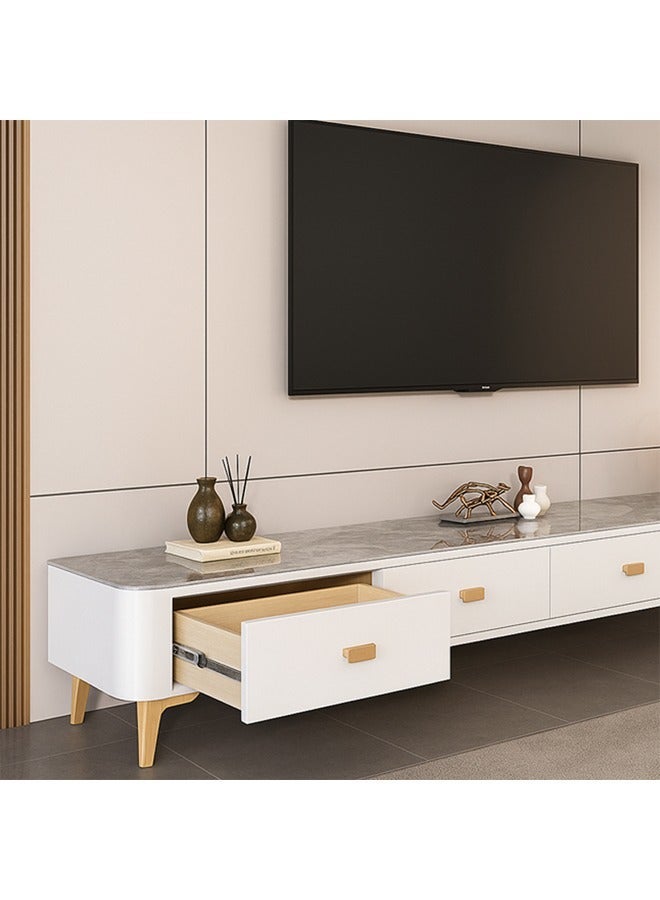 كيكي غرفة معيشة حديثة جديدة باللون الأبيض، خزانة تلفزيون فاخرة، سطح خزانة رمادي، مادة الخزانة: رخامي، أرجل ذهبية، إطار أبيض مع 4 أدراج، مزيج من الضوء الفاخر والبسيط، 200 سم - Image 4