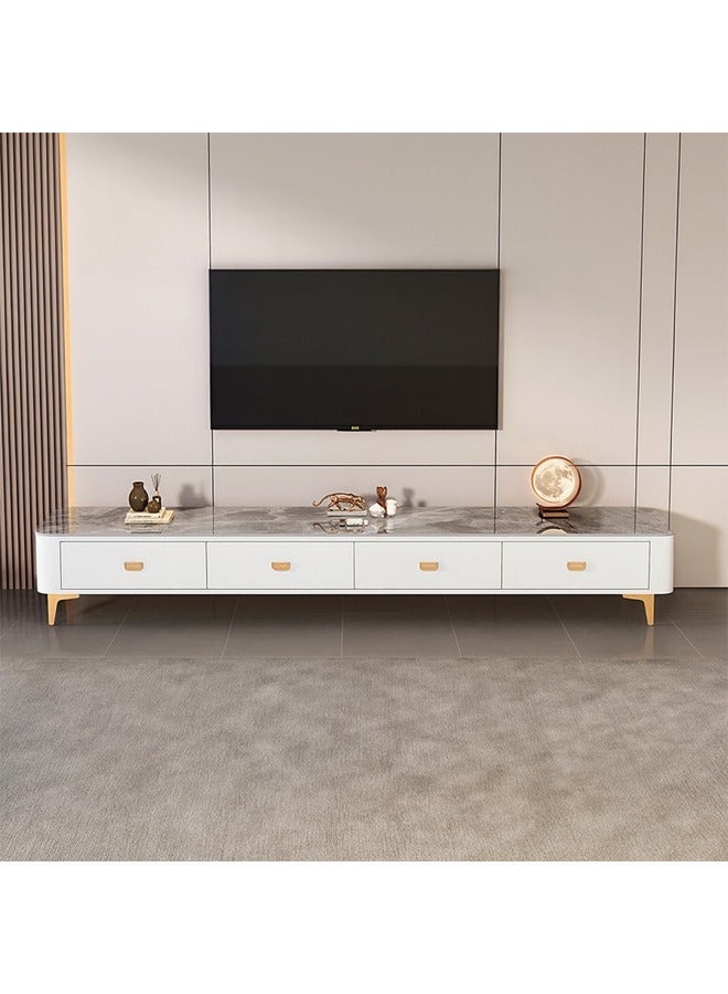 كيكي غرفة معيشة حديثة جديدة باللون الأبيض، خزانة تلفزيون فاخرة، سطح خزانة رمادي، مادة الخزانة: رخامي، أرجل ذهبية، إطار أبيض مع 4 أدراج، مزيج من الضوء الفاخر والبسيط، 200 سم - Image 1