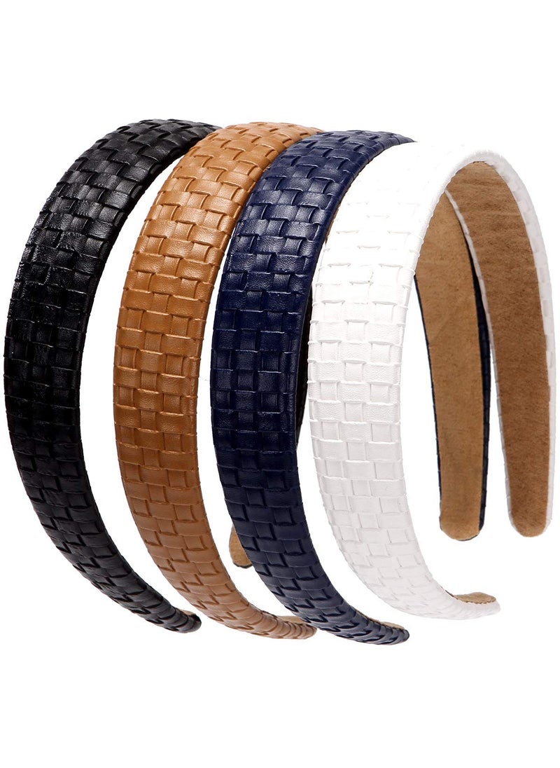 LONEEDY - LONEEDY 4PCS Checked Leather Wide Hard Headband Padded Headband Non-slip Fashion Hairband for Girls and Women (Weave(Black+Brown+Blue+White)) - Image 1