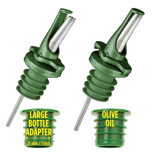 Poura AIRTIGHT Olive Oil Pour Spout for Olive Oil Dispenser - UK Patented Oil Pourer - Hygienic One Handed Open Close Mechanism Keeps Oil Fresh. Dust Caps Cover | Screens Alternative - Green 2 PCs - Image 1