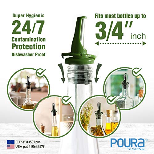 Poura AIRTIGHT Olive Oil Pour Spout for Olive Oil Dispenser - UK Patented Oil Pourer - Hygienic One Handed Open Close Mechanism Keeps Oil Fresh. Dust Caps Cover | Screens Alternative - Green 2 PCs - Image 2