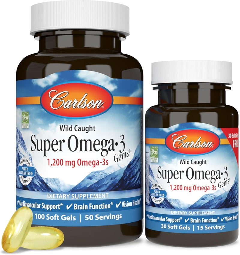 Carlson  Super Omega3 Gems 1200 mg Omega3 Fatty Acids with EPA and DHA WildCaught Norwegian Supplement Sustainably Sourced Fish Oil Capsules Omega 3 Supplements 10030 Softgels - Image 1