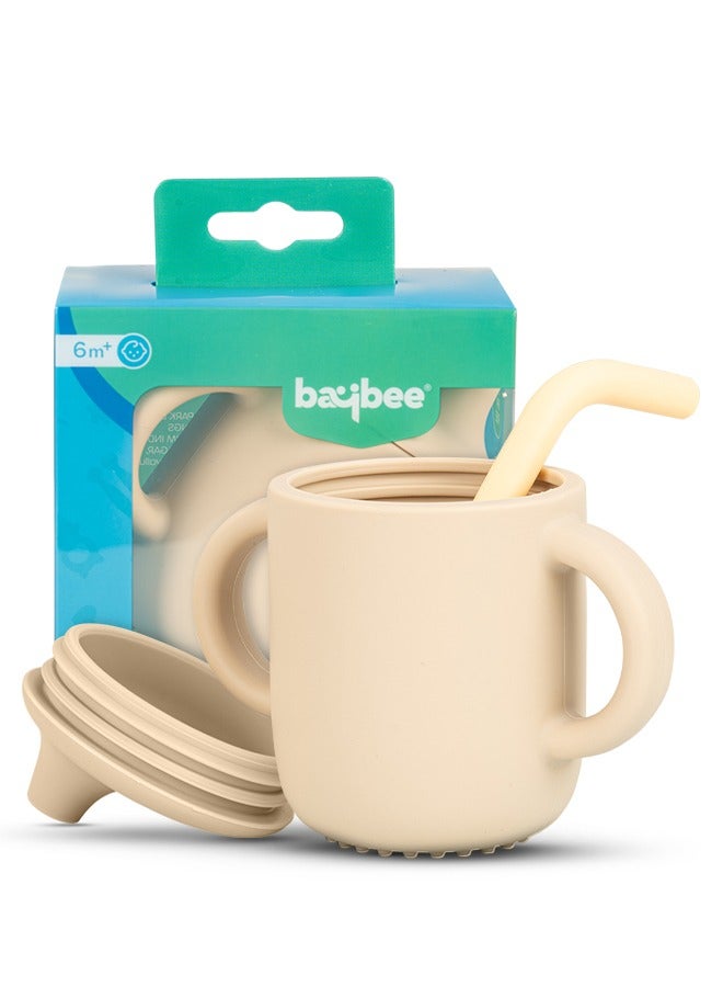 BAYBEE Baby BPA-Free Silicone Sipper Cup Drinking Training Anti Spill Sippy Cup with Silicone Straw & Lid for BabyToddler Spill Proof Non-Slip Twin Handles Spout Cup for Infants Kids 6+ Months Ivory - Image 1