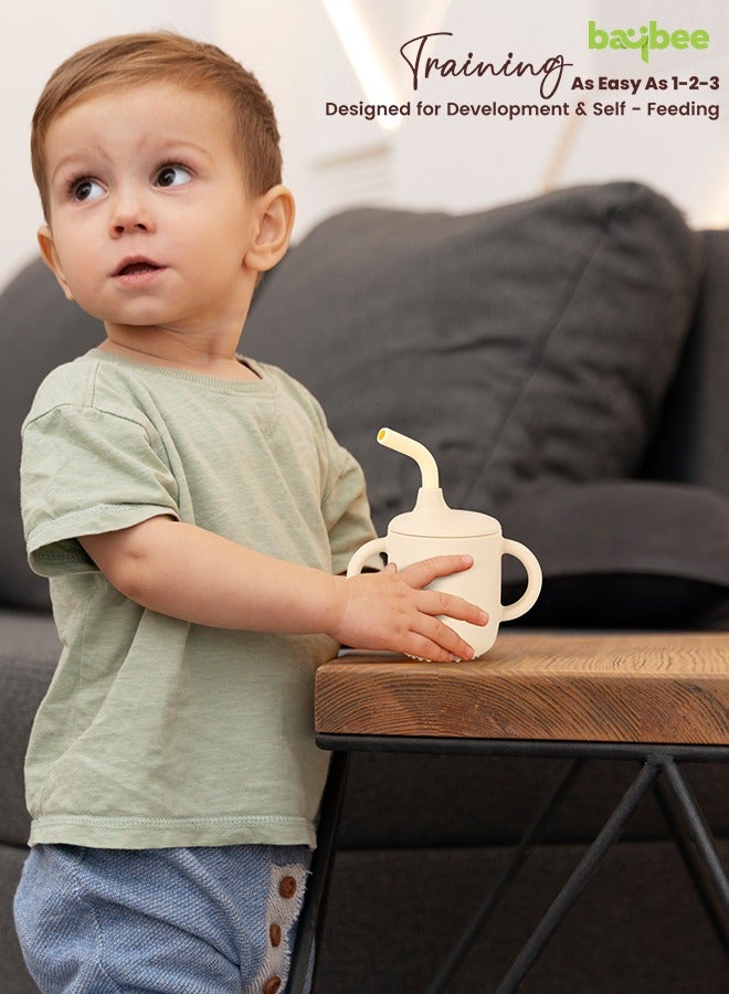 BAYBEE Baby BPA-Free Silicone Sipper Cup Drinking Training Anti Spill Sippy Cup with Silicone Straw & Lid for BabyToddler Spill Proof Non-Slip Twin Handles Spout Cup for Infants Kids 6+ Months Ivory - Image 3