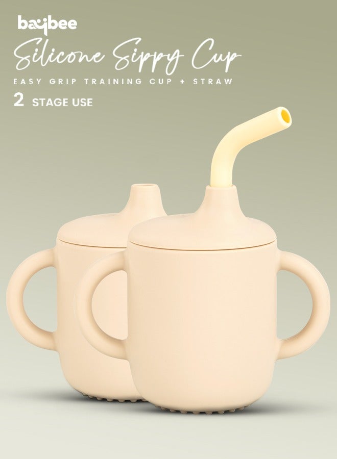 BAYBEE Baby BPA-Free Silicone Sipper Cup Drinking Training Anti Spill Sippy Cup with Silicone Straw & Lid for BabyToddler Spill Proof Non-Slip Twin Handles Spout Cup for Infants Kids 6+ Months Ivory - Image 2