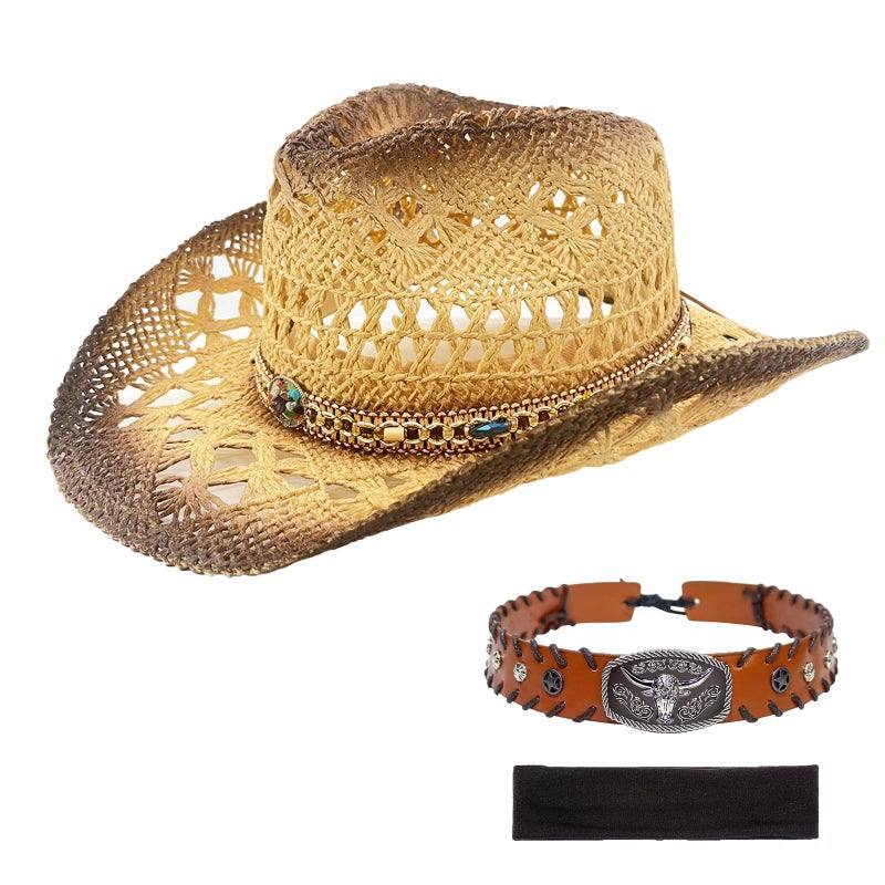 JIANGLAI Men's Women's Western Straw Cowboy Hat, Cowgirl Sun Beach Hat with Two Decorative Bands and a Hair Band, Wide Brim Brown - Image 1