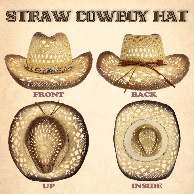 JIANGLAI Men's Women's Western Straw Cowboy Hat, Cowgirl Sun Beach Hat with Two Decorative Bands and a Hair Band, Wide Brim Brown - Image 4