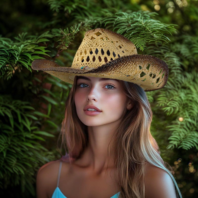 JIANGLAI Men's Women's Western Straw Cowboy Hat, Cowgirl Sun Beach Hat with Two Decorative Bands and a Hair Band, Wide Brim Brown - Image 5