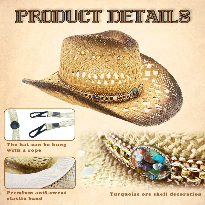 JIANGLAI Men's Women's Western Straw Cowboy Hat, Cowgirl Sun Beach Hat with Two Decorative Bands and a Hair Band, Wide Brim Brown - Image 3