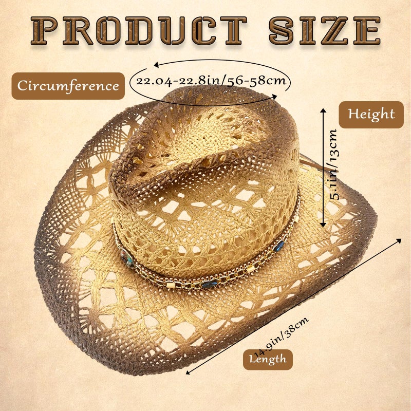 JIANGLAI Men's Women's Western Straw Cowboy Hat, Cowgirl Sun Beach Hat with Two Decorative Bands and a Hair Band, Wide Brim Brown - Image 2